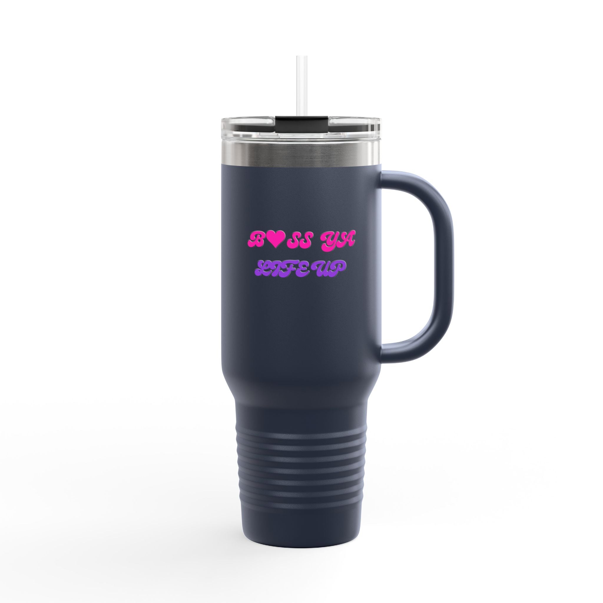 BYLU 40oz Insulated Travel Mug — 'Boss In Heels' Pink & Purple Script