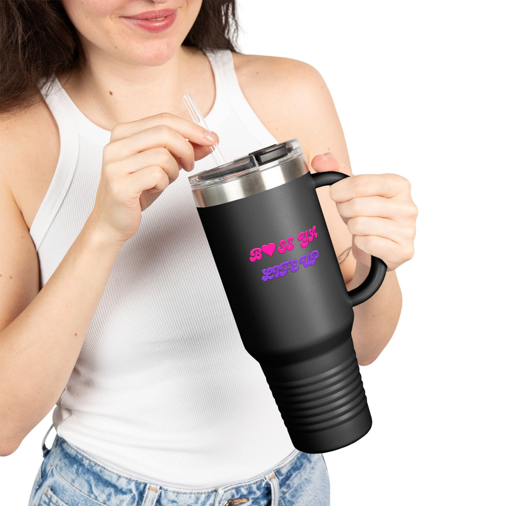 BYLU 40oz Insulated Travel Mug — 'Boss In Heels' Pink & Purple Script