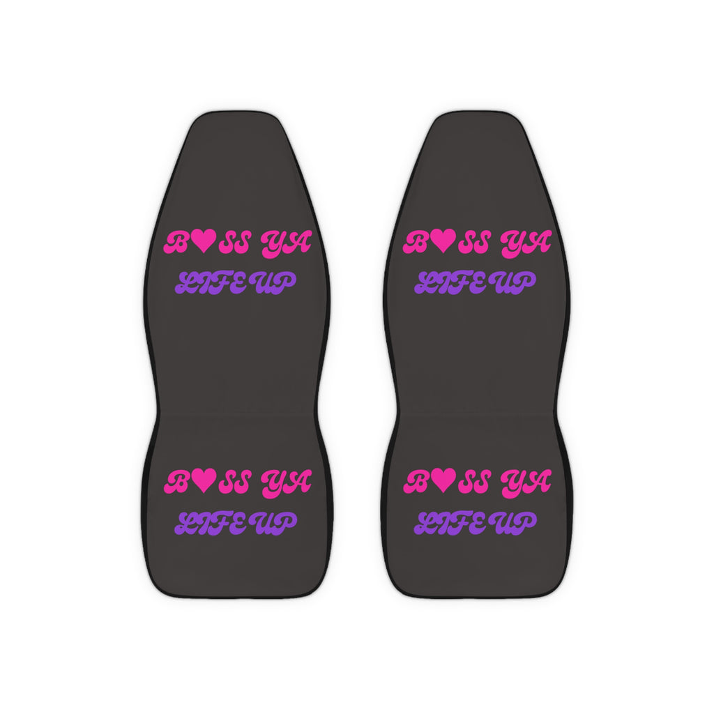 Car Seat Covers — "BOSS YA? LIFE UP" Pink & Purple Retro Script