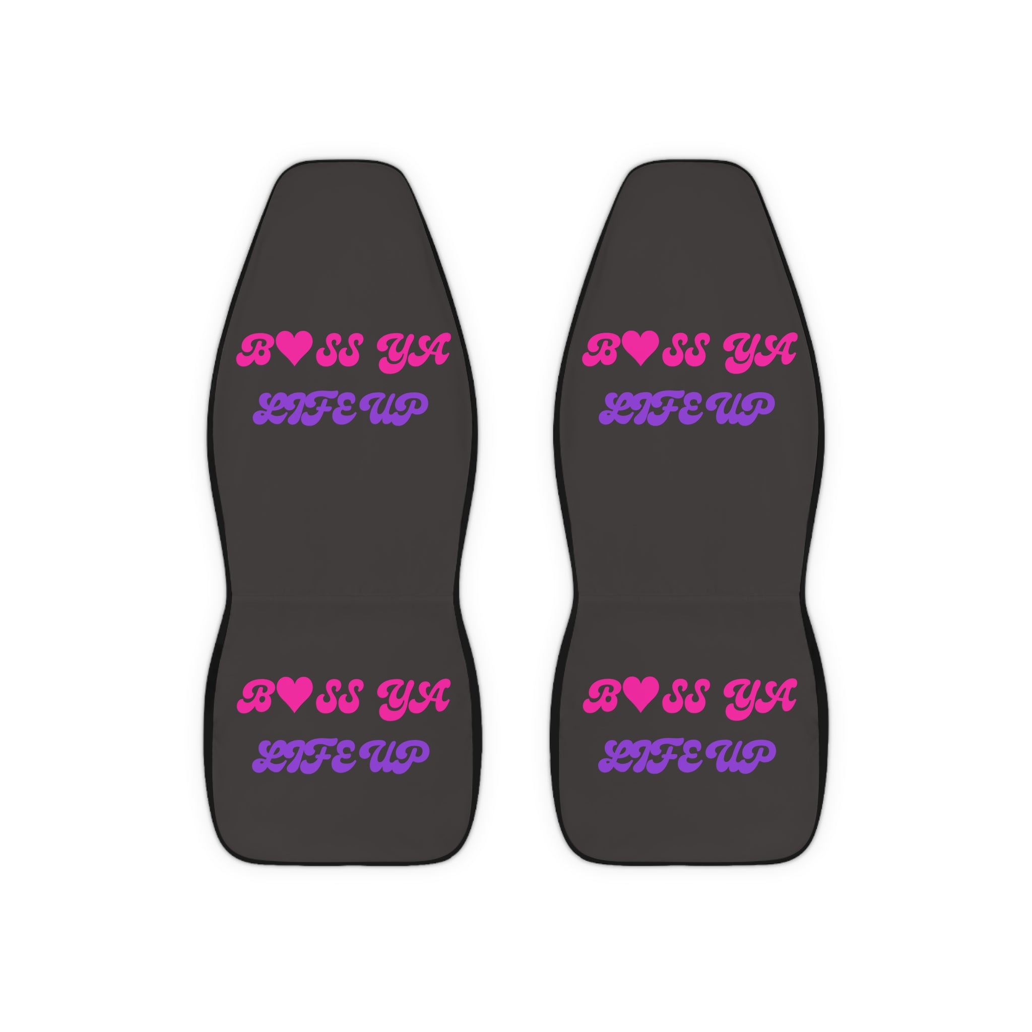Car Seat Covers — "BOSS YA? LIFE UP" Pink & Purple Retro Script
