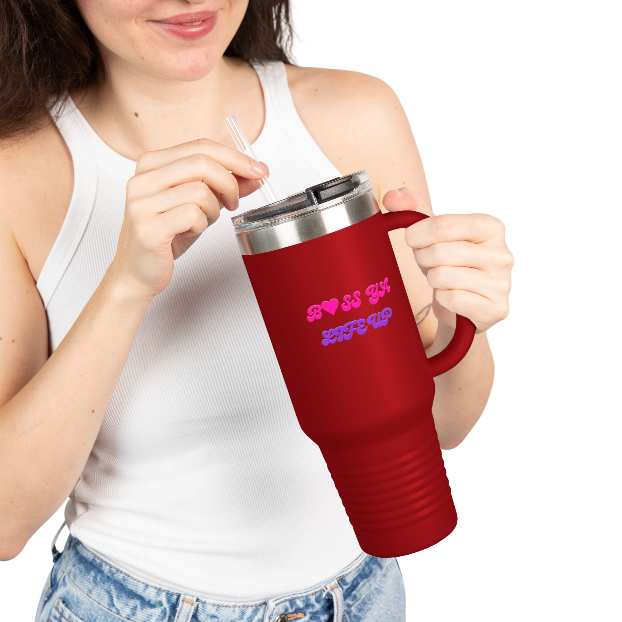 BYLU 40oz Insulated Travel Mug — 'Boss In Heels' Pink & Purple Script