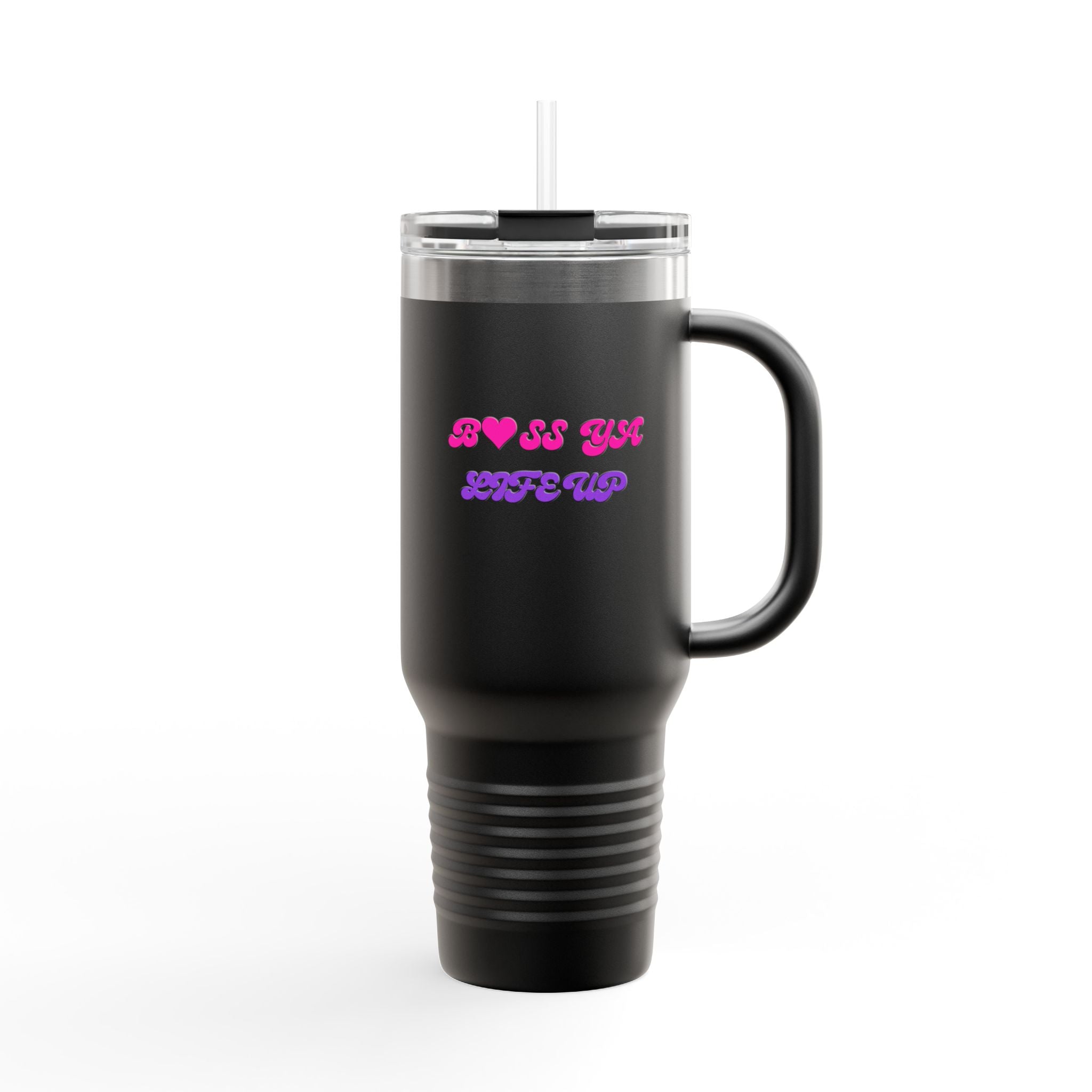 BYLU 40oz Insulated Travel Mug — 'Boss In Heels' Pink & Purple Script