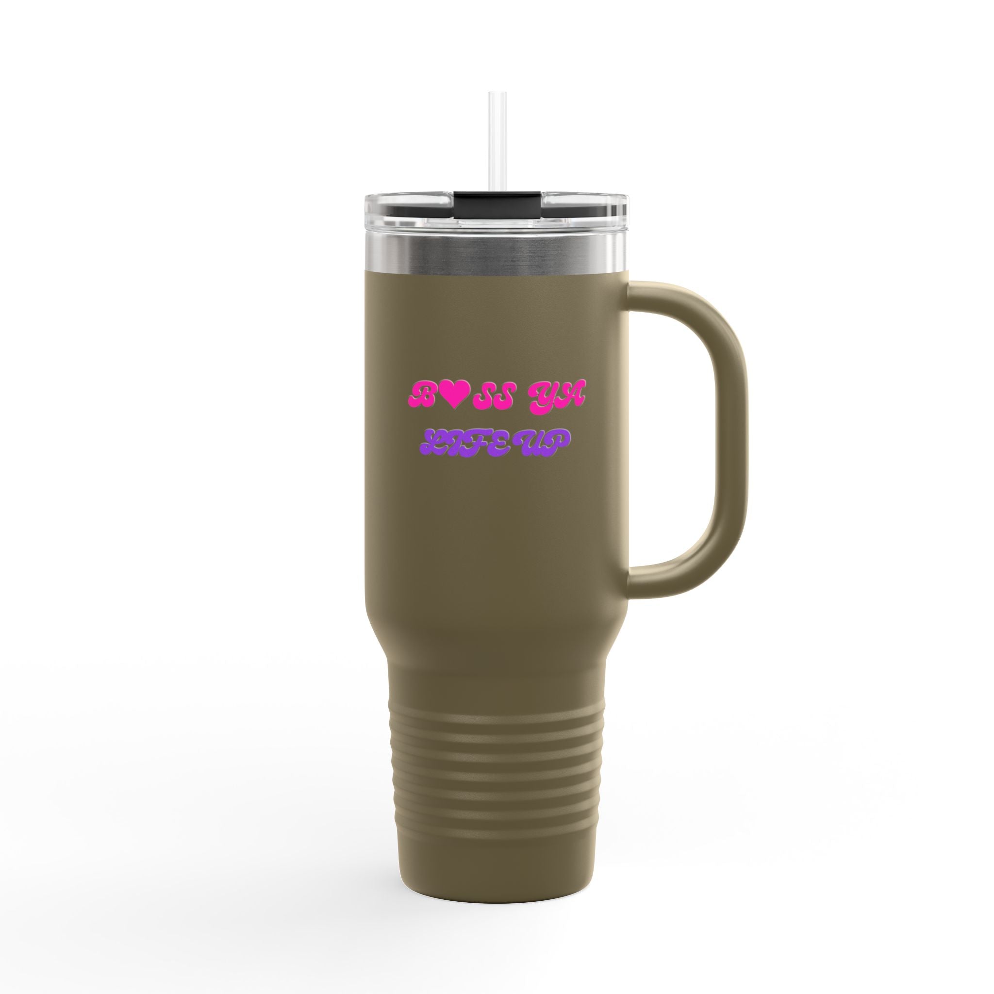 BYLU 40oz Insulated Travel Mug — 'Boss In Heels' Pink & Purple Script