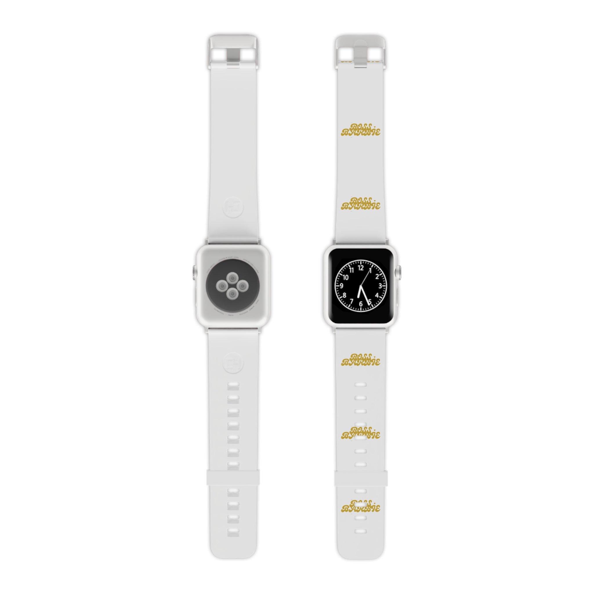 Apple Watch Band — White Silicone Strap with Gold "Rose Avenue" Script