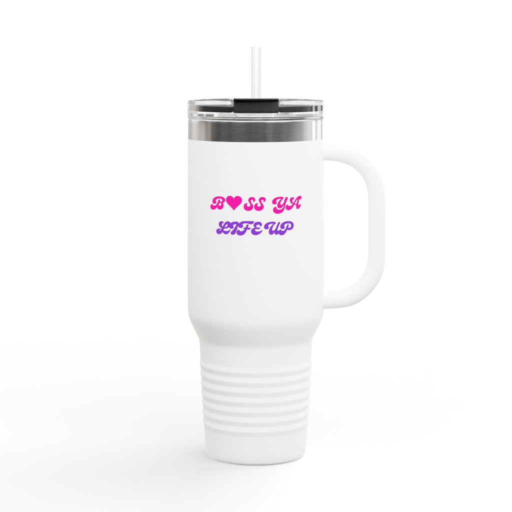 BYLU 40oz Insulated Travel Mug — 'Boss In Heels' Pink & Purple Script