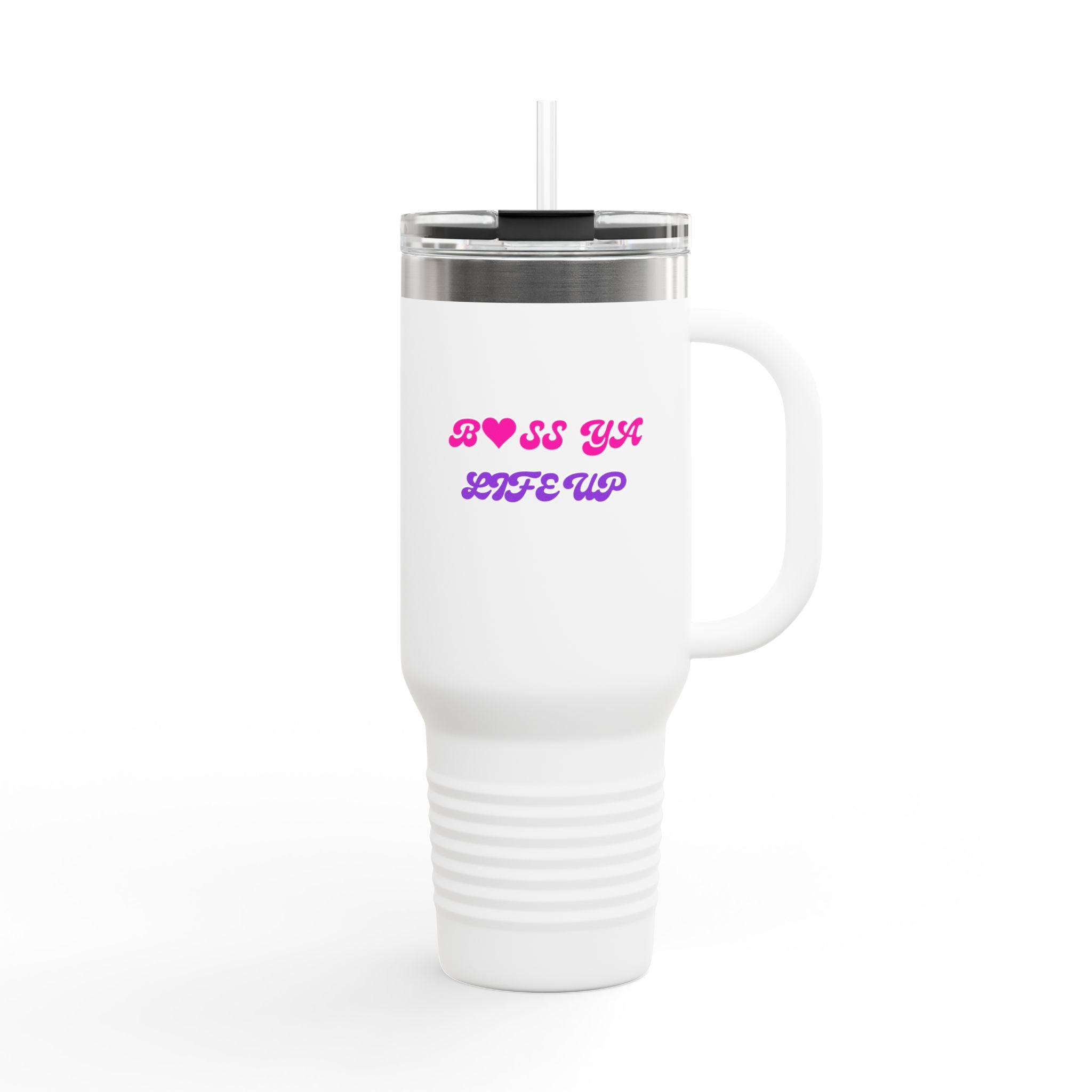 BYLU 40oz Insulated Travel Mug — 'Boss In Heels' Pink & Purple Script