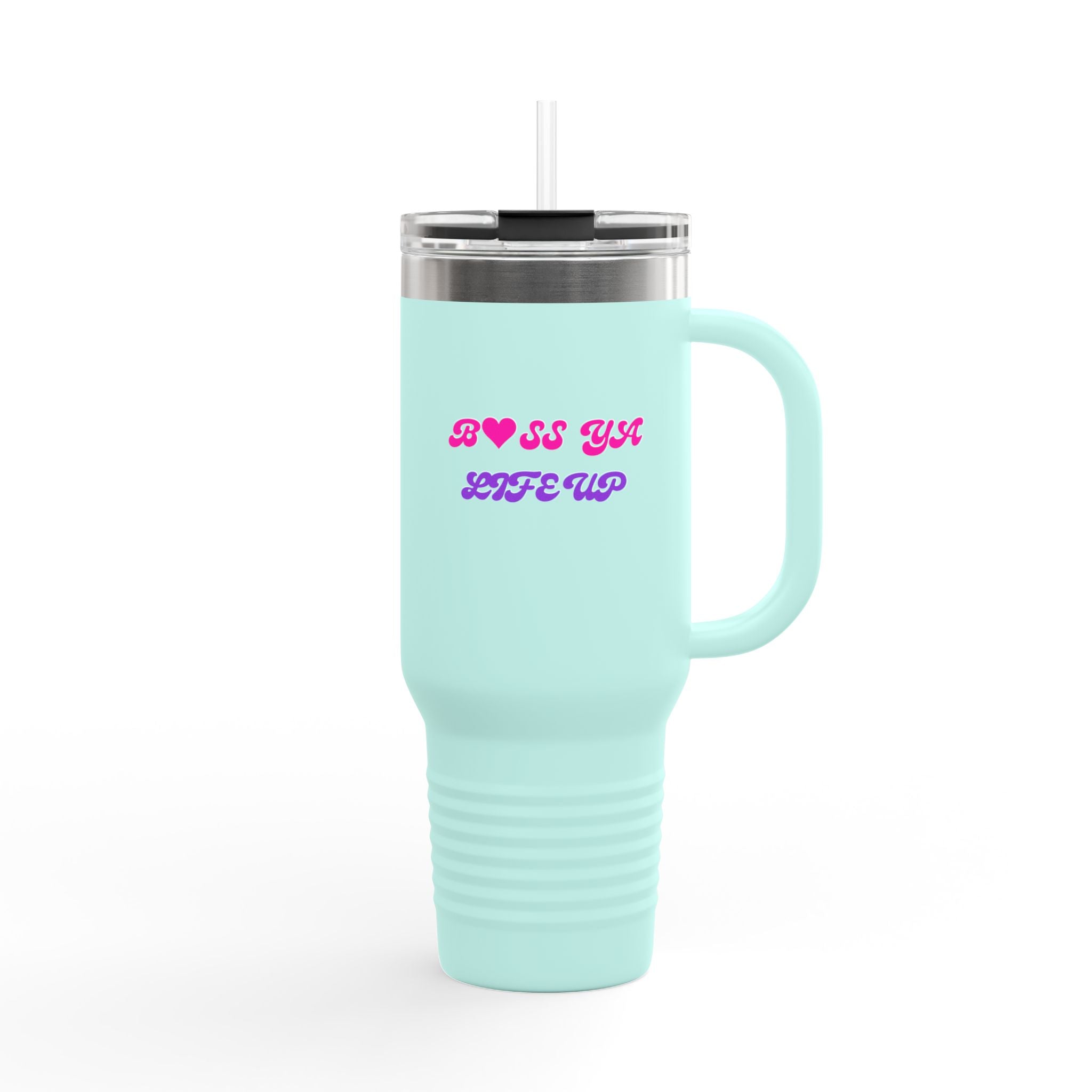 BYLU 40oz Insulated Travel Mug — 'Boss In Heels' Pink & Purple Script