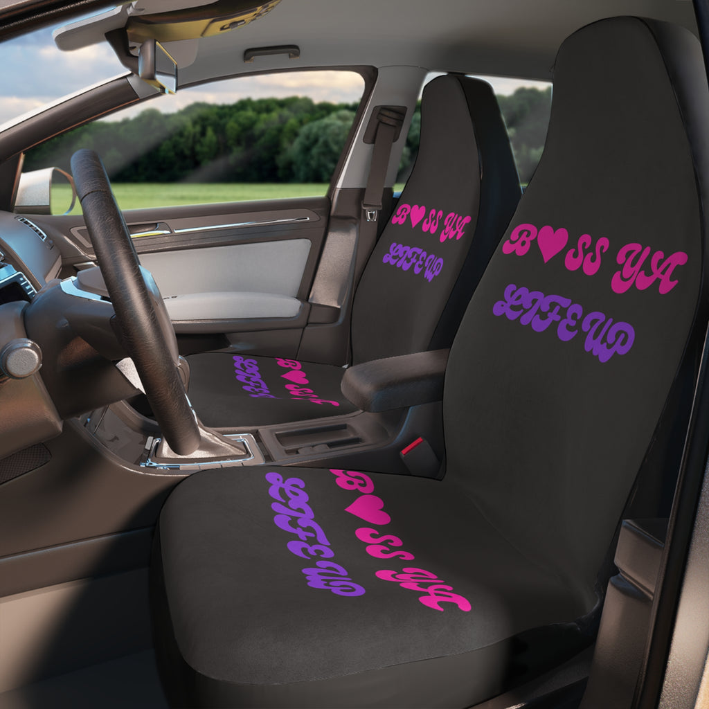 Car Seat Covers — "BOSS YA? LIFE UP" Pink & Purple Retro Script