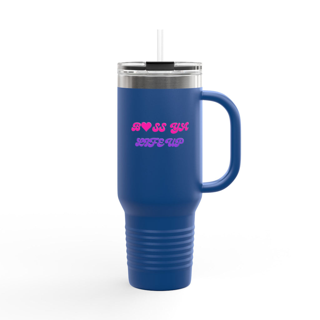 BYLU 40oz Insulated Travel Mug — 'Boss In Heels' Pink & Purple Script