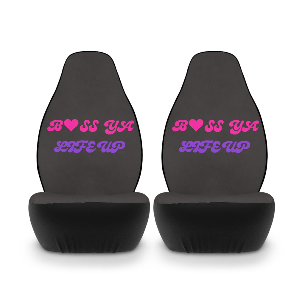 Car Seat Covers — "BOSS YA? LIFE UP" Pink & Purple Retro Script
