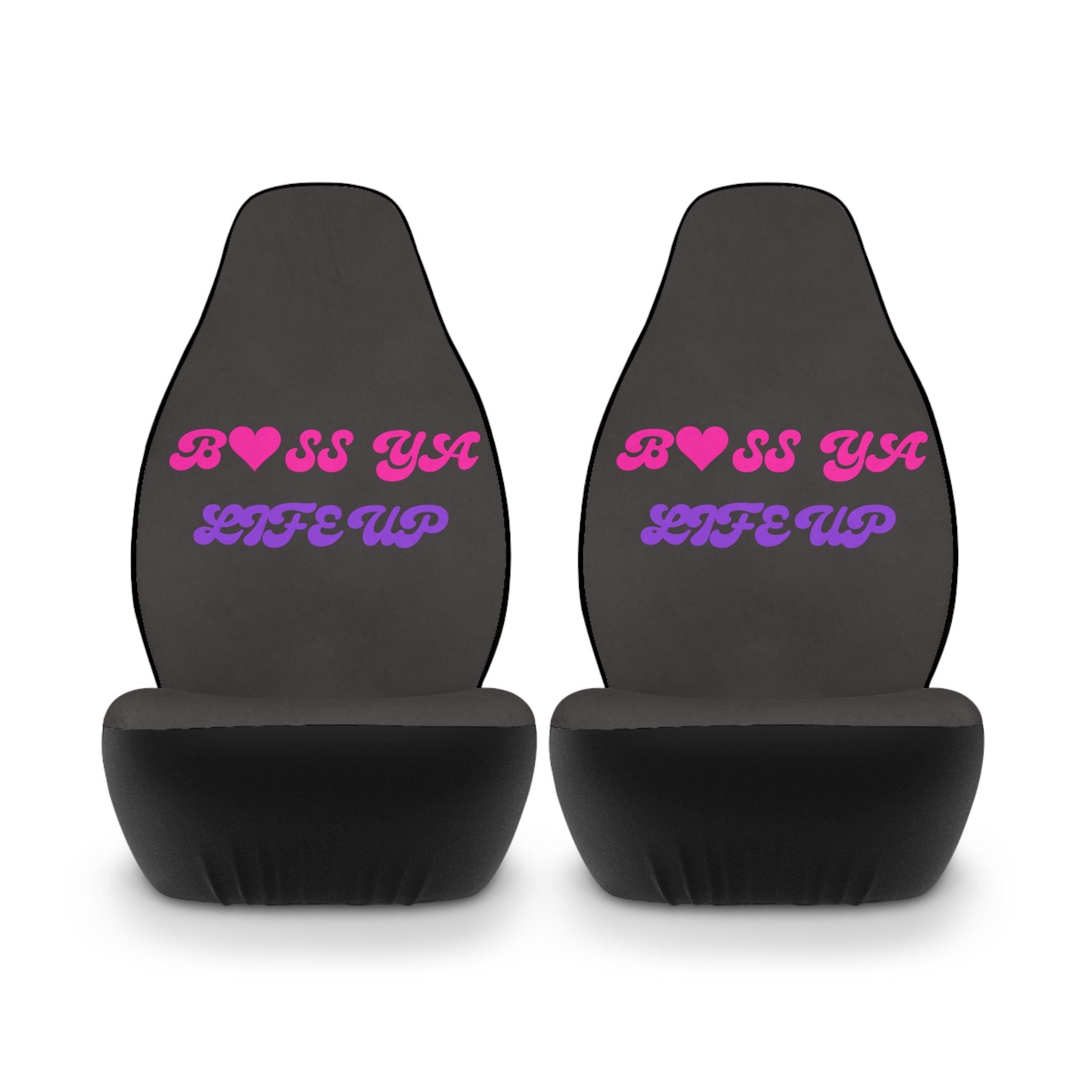 Car Seat Covers — "BOSS YA? LIFE UP" Pink & Purple Retro Script