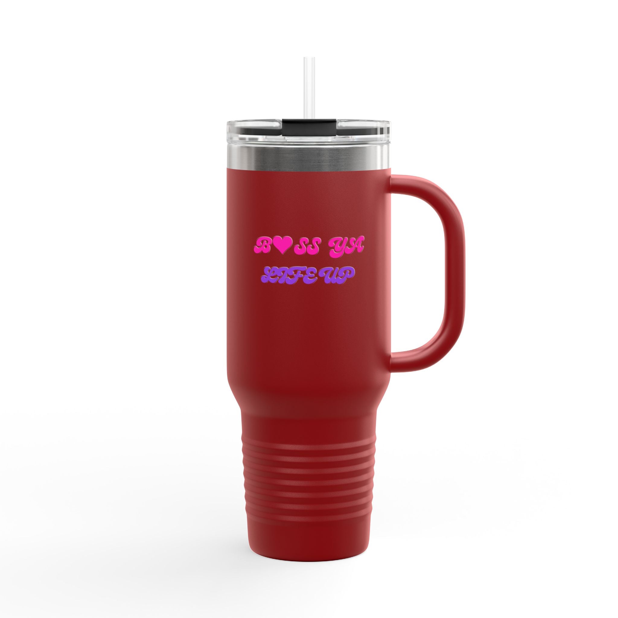 BYLU 40oz Insulated Travel Mug — 'Boss In Heels' Pink & Purple Script