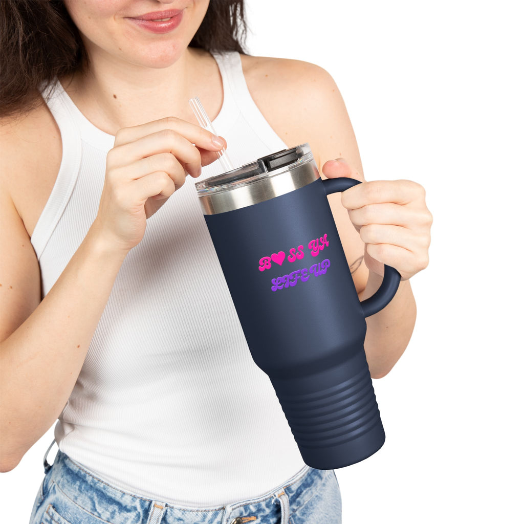 BYLU 40oz Insulated Travel Mug — 'Boss In Heels' Pink & Purple Script