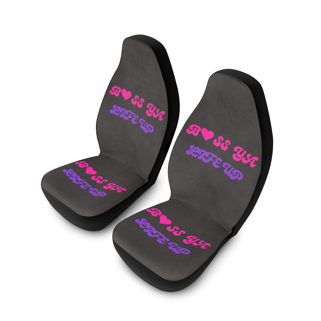 Car Seat Covers — "BOSS YA? LIFE UP" Pink & Purple Retro Script