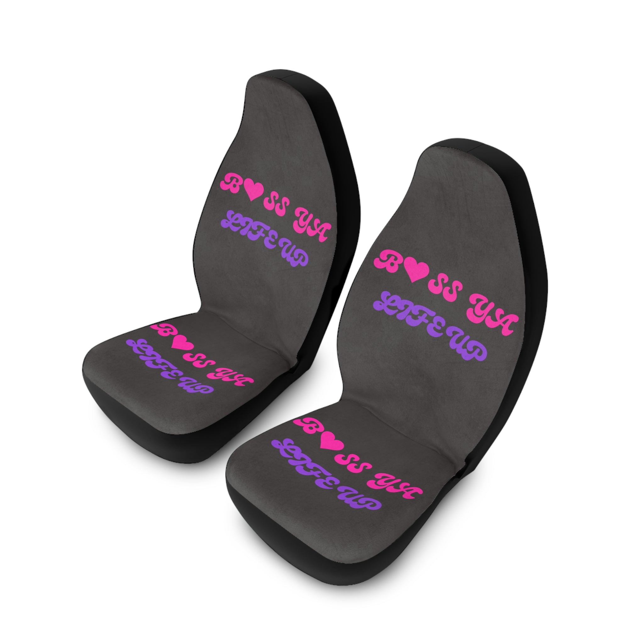 Car Seat Covers — "BOSS YA? LIFE UP" Pink & Purple Retro Script