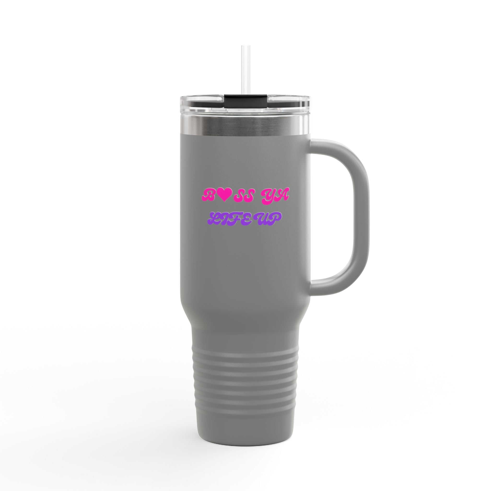 BYLU 40oz Insulated Travel Mug — 'Boss In Heels' Pink & Purple Script