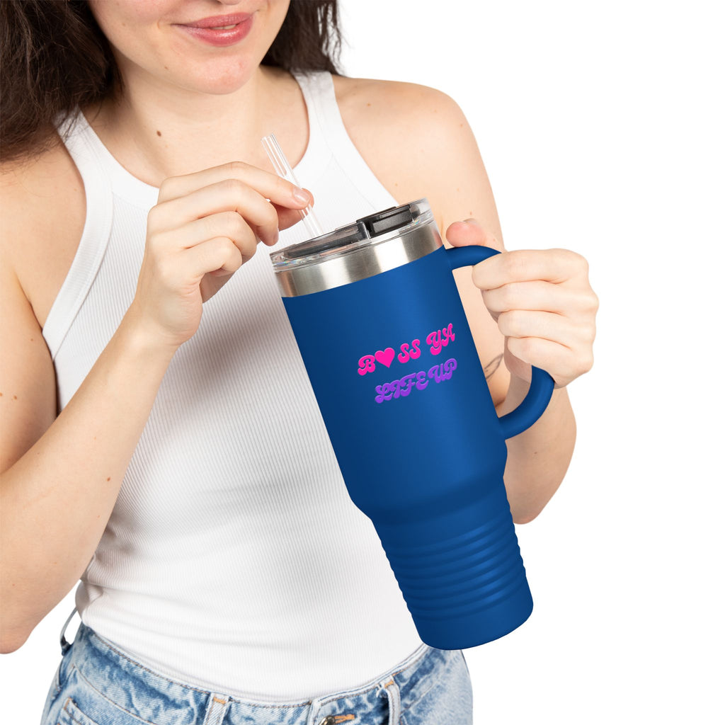 BYLU 40oz Insulated Travel Mug — 'Boss In Heels' Pink & Purple Script